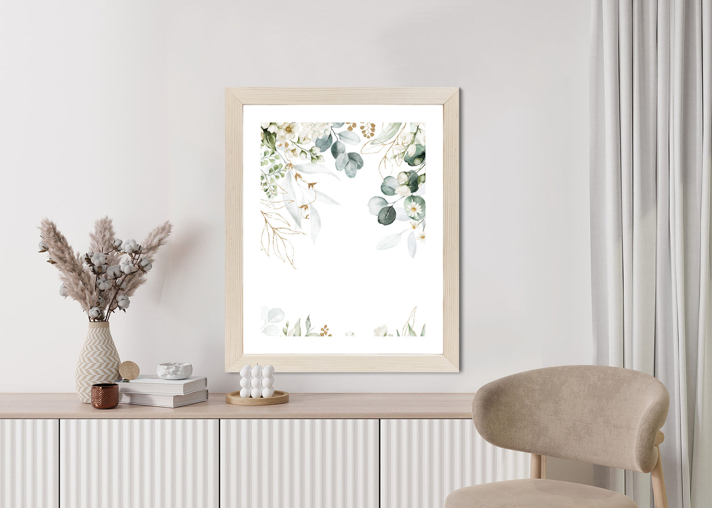 Poster Aquarell Aus Eukalyptusblättern Und Weißen Blüten Rahmen Holz Mit Passepartout Farbe Natürlich
