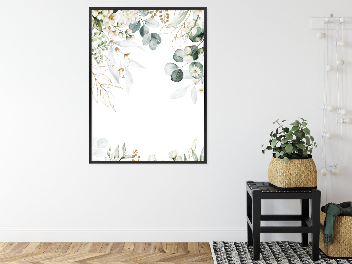 Poster Aquarell Aus Eukalyptusblättern Und Weißen Blüten Rahmen Holz Mit Passepartout Farbe Natürlich