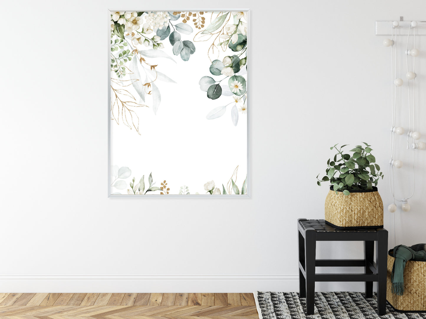 Poster Aquarell Aus Eukalyptusblättern Und Weißen Blüten Rahmen Holz Mit Passepartout Farbe Natürlich