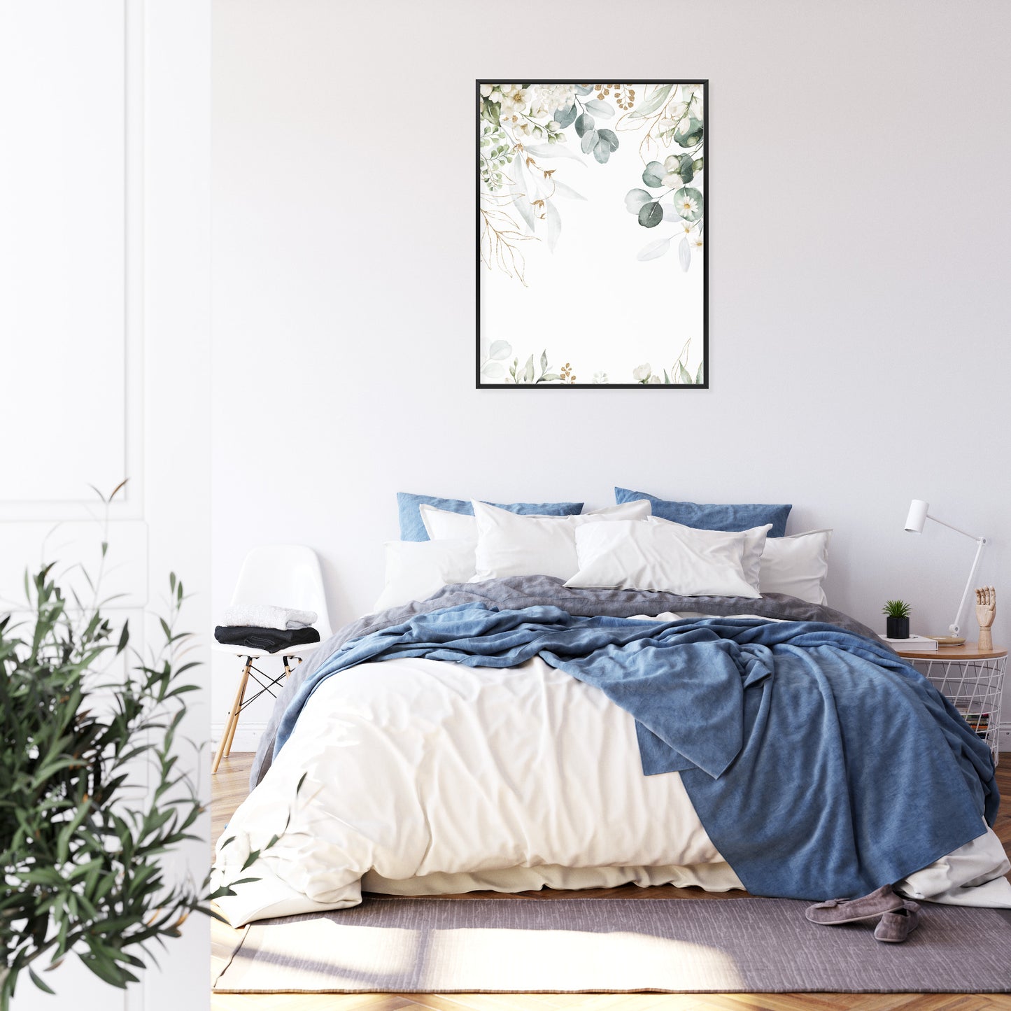 Poster Aquarell Aus Eukalyptusblättern Und Weißen Blüten Rahmen Holz Mit Passepartout Farbe Natürlich