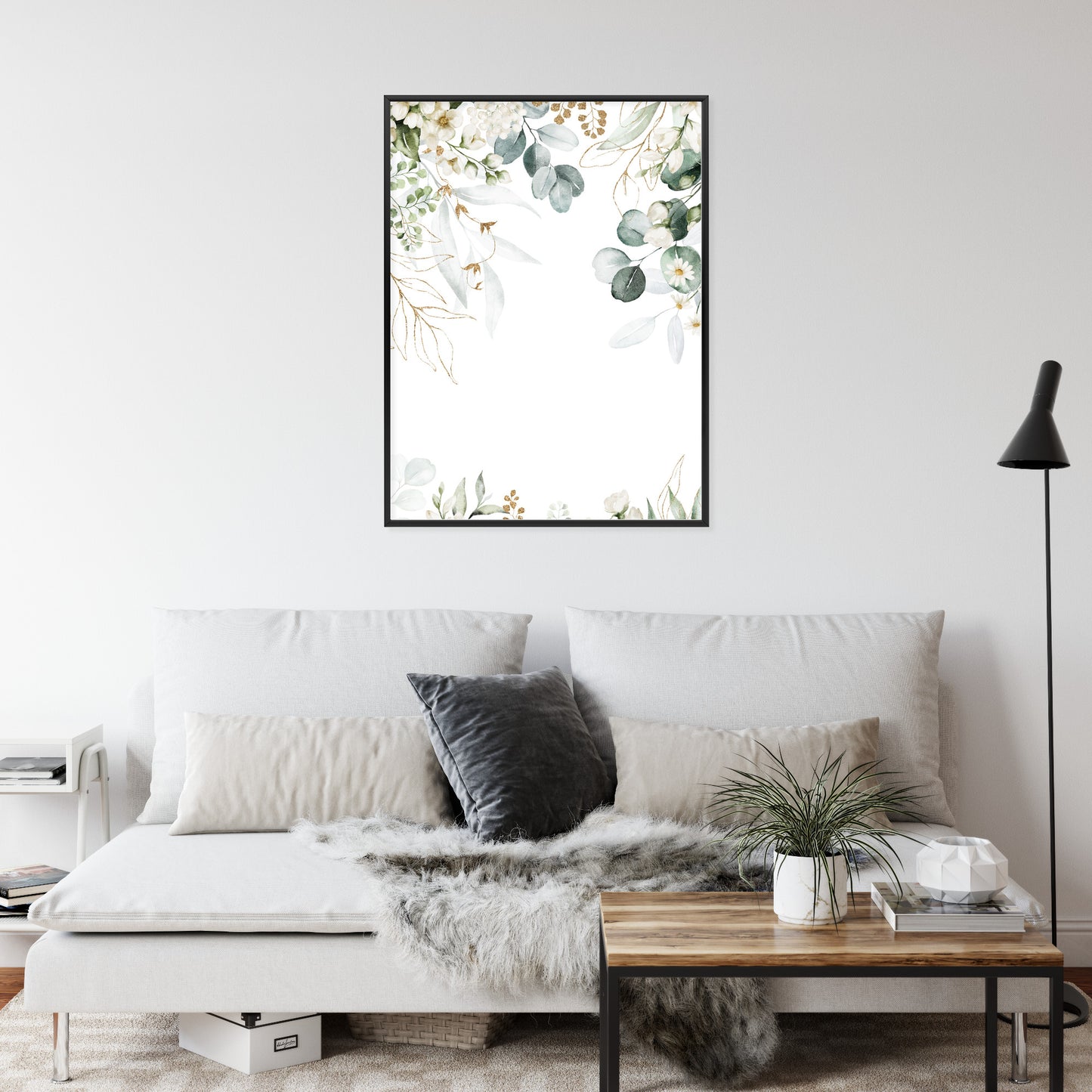 Poster Aquarell Aus Eukalyptusblättern Und Weißen Blüten Rahmen Holz Mit Passepartout Farbe Natürlich