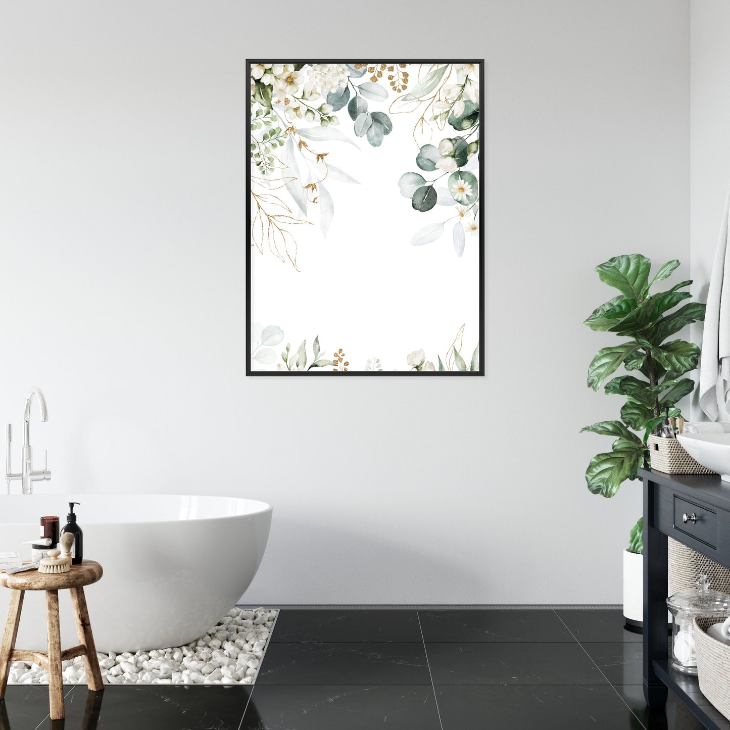 Poster Aquarell Aus Eukalyptusblättern Und Weißen Blüten Rahmen Holz Mit Passepartout Farbe Natürlich