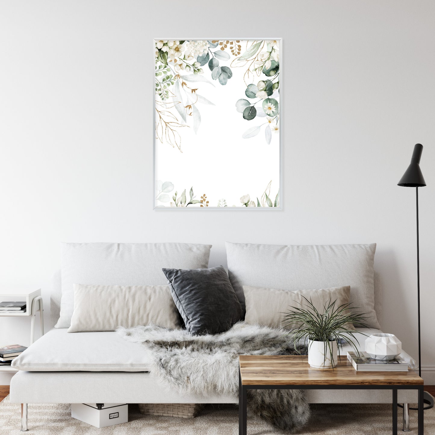 Poster Aquarell Aus Eukalyptusblättern Und Weißen Blüten Rahmen Holz Mit Passepartout Farbe Natürlich