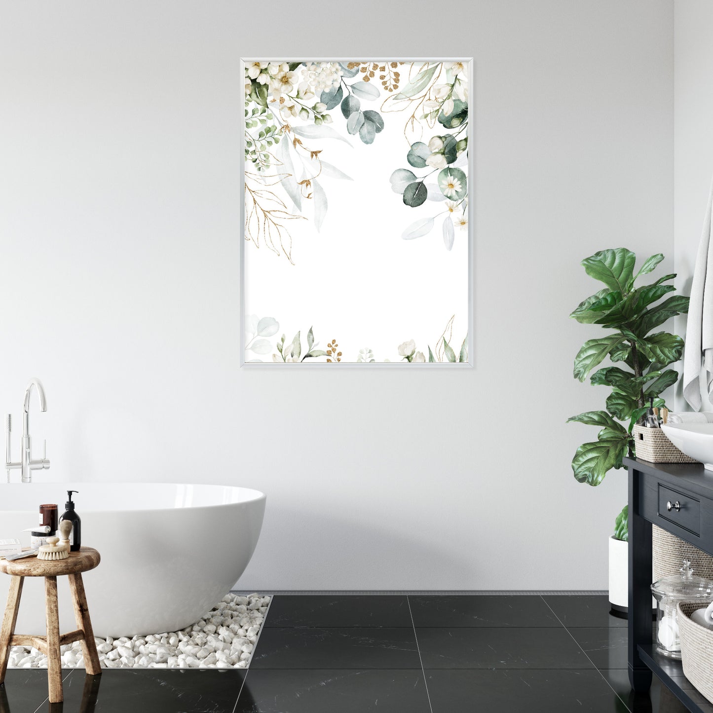 Poster Aquarell Aus Eukalyptusblättern Und Weißen Blüten Rahmen Holz Mit Passepartout Farbe Natürlich