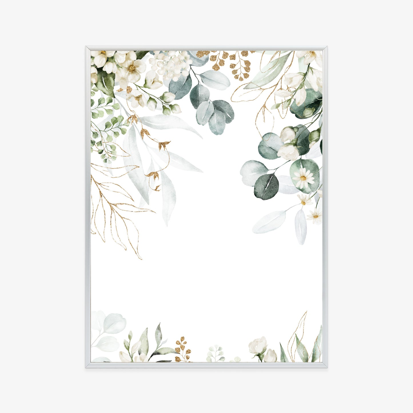 Poster Aquarell Aus Eukalyptusblättern Und Weißen Blüten Rahmen Holz Mit Passepartout Farbe Natürlich