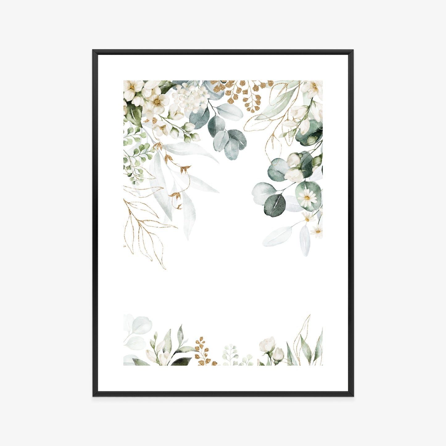 Poster Aquarell Aus Eukalyptusblättern Und Weißen Blüten Rahmen Holz Mit Passepartout Farbe Natürlich