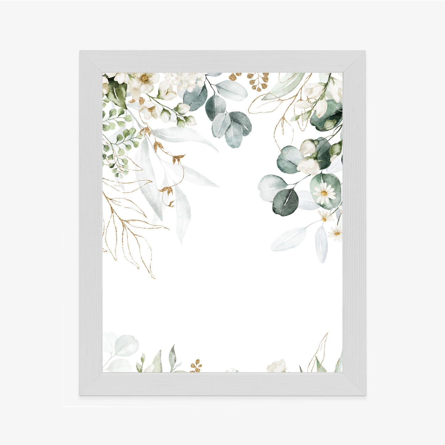 Poster Aquarell Aus Eukalyptusblättern Und Weißen Blüten Rahmen Holz Mit Passepartout Farbe Natürlich