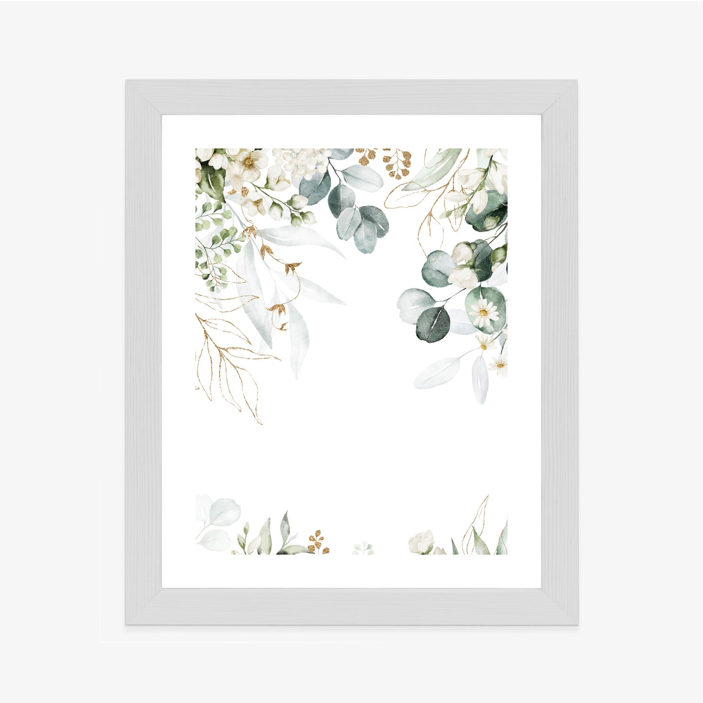 Poster Aquarell Aus Eukalyptusblättern Und Weißen Blüten Rahmen Holz Mit Passepartout Farbe Natürlich