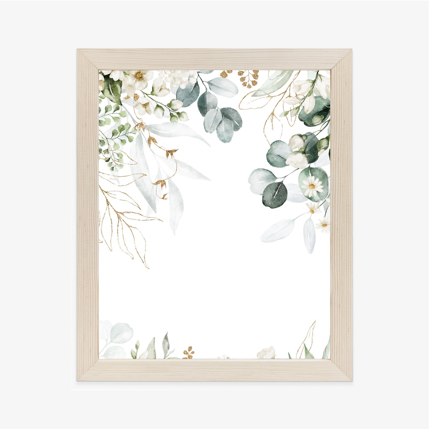 Poster Aquarell Aus Eukalyptusblättern Und Weißen Blüten Rahmen Holz Mit Passepartout Farbe Natürlich