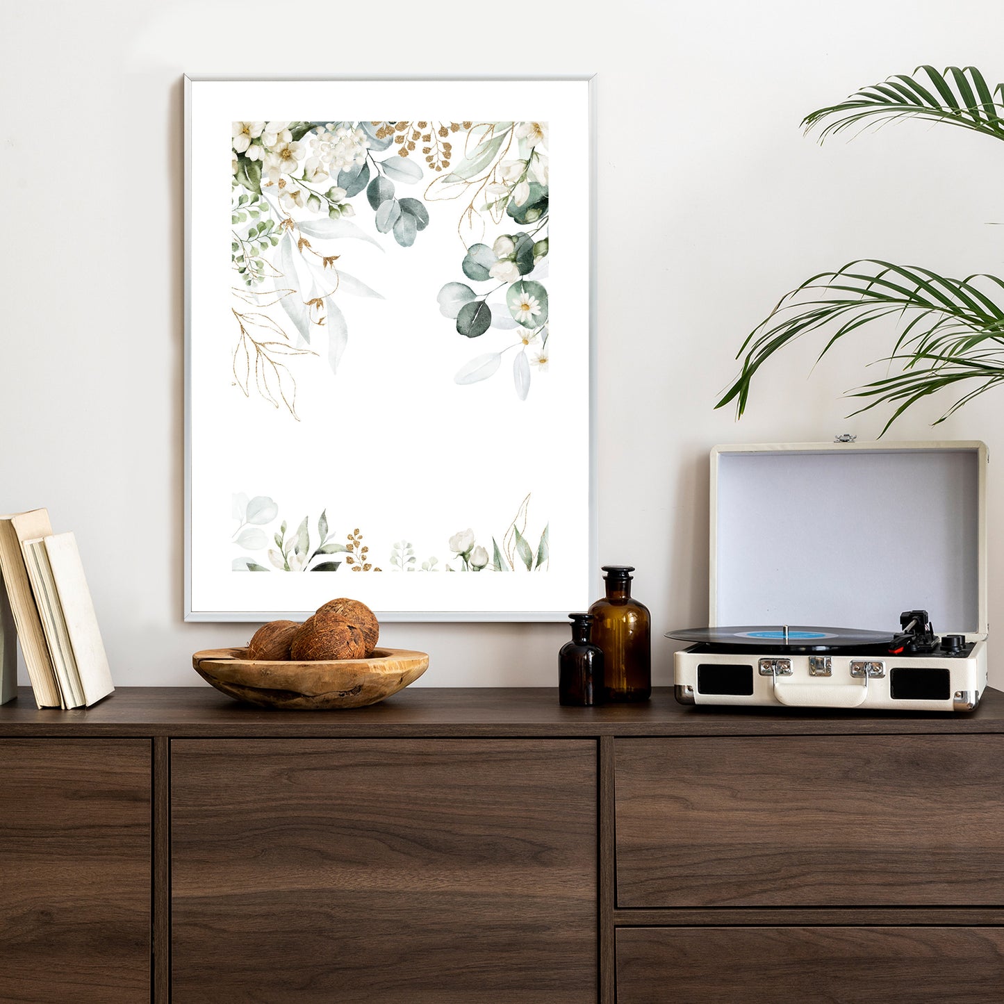 Poster Aquarell Aus Eukalyptusblättern Und Weißen Blüten Rahmen Holz Mit Passepartout Farbe Natürlich