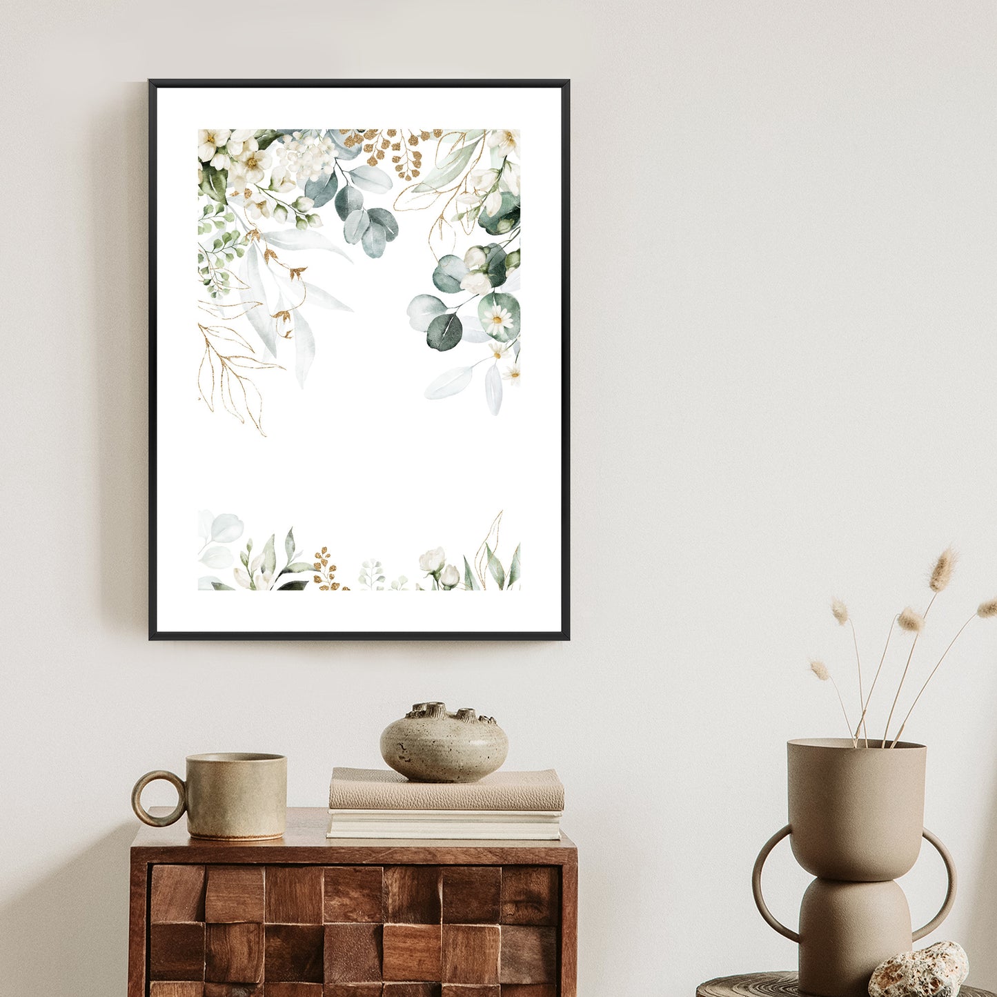 Poster Aquarell Aus Eukalyptusblättern Und Weißen Blüten Rahmen Holz Mit Passepartout Farbe Natürlich