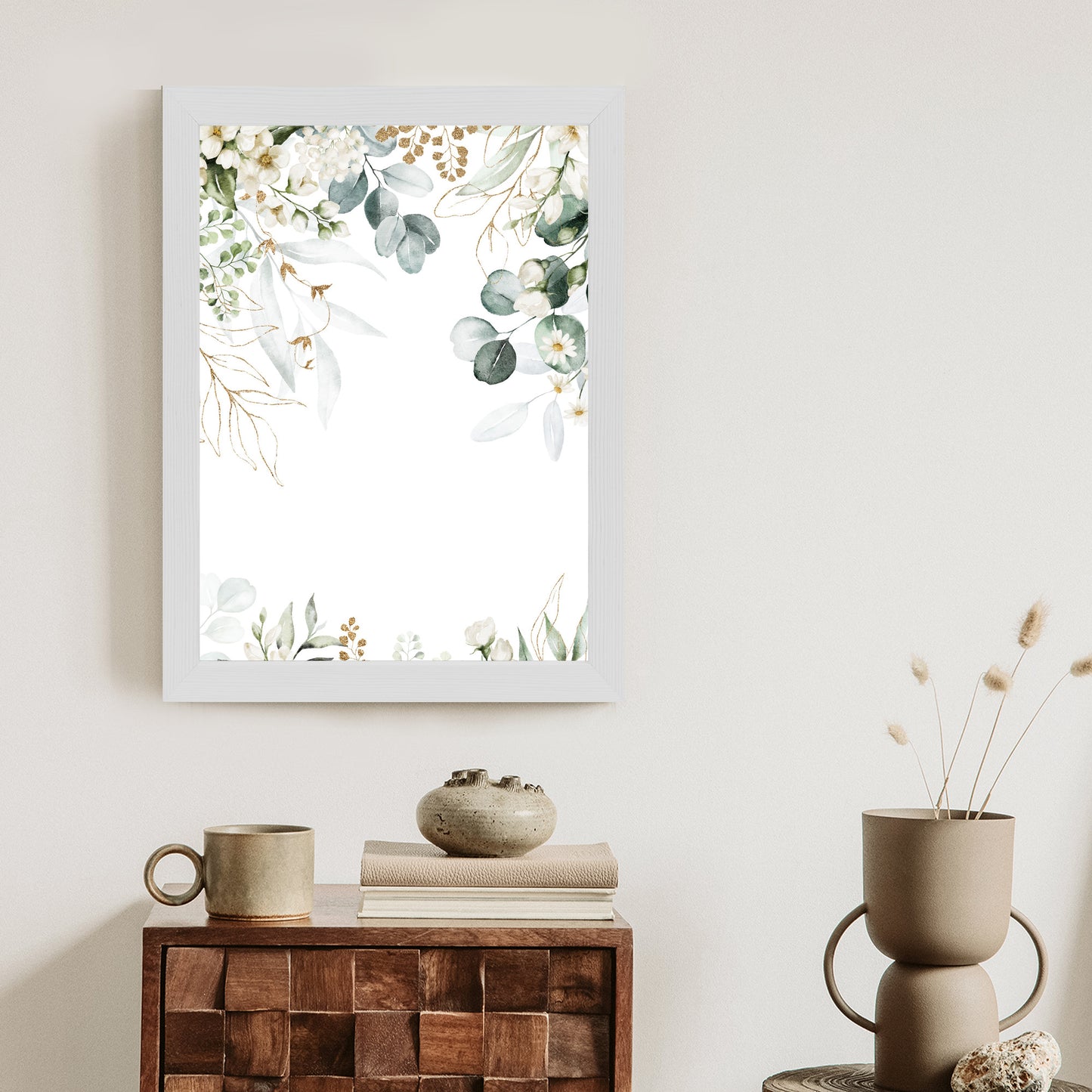 Poster Aquarell Aus Eukalyptusblättern Und Weißen Blüten Rahmen Holz Mit Passepartout Farbe Natürlich