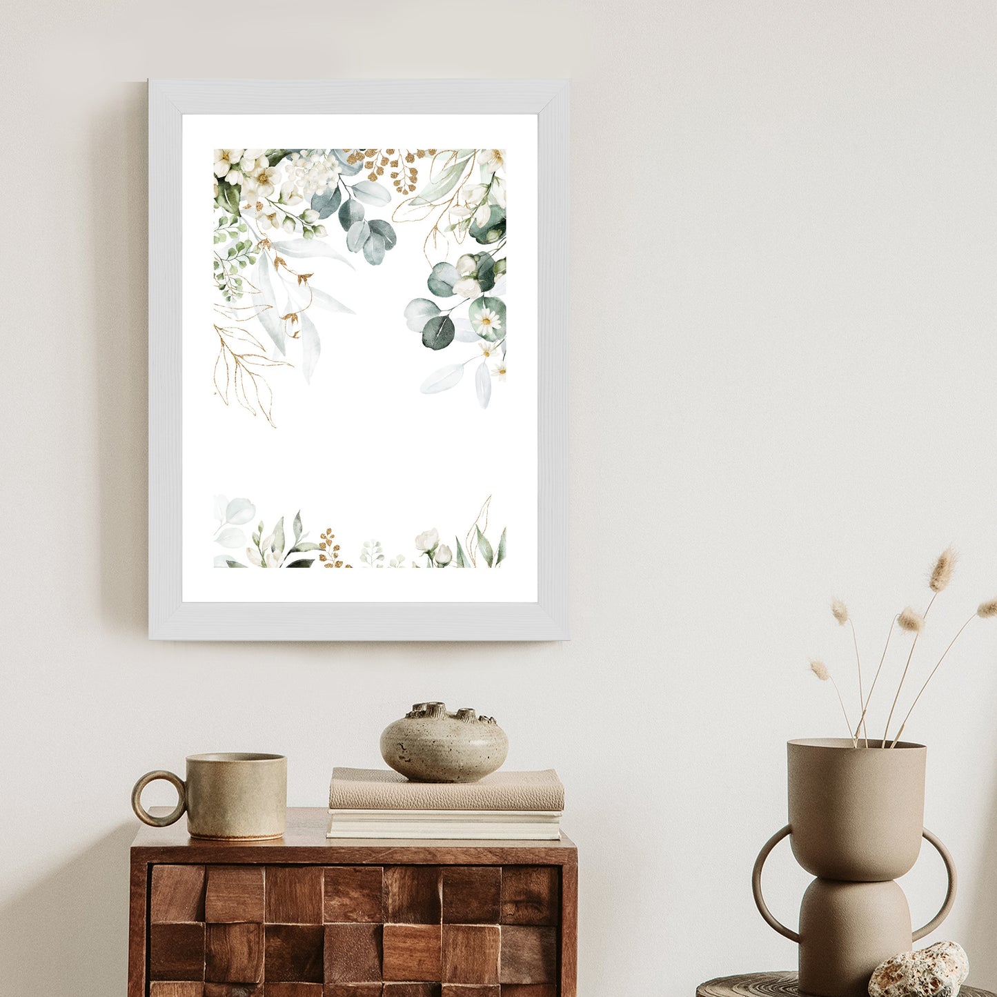 Poster Aquarell Aus Eukalyptusblättern Und Weißen Blüten Rahmen Holz Mit Passepartout Farbe Natürlich
