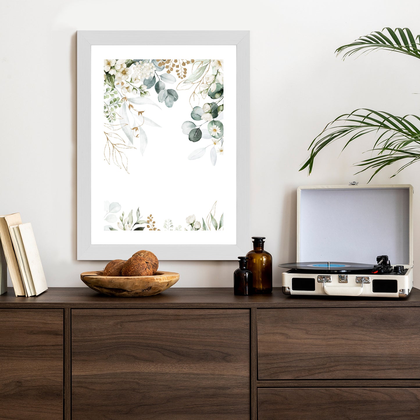 Poster Aquarell Aus Eukalyptusblättern Und Weißen Blüten Rahmen Holz Mit Passepartout Farbe Natürlich
