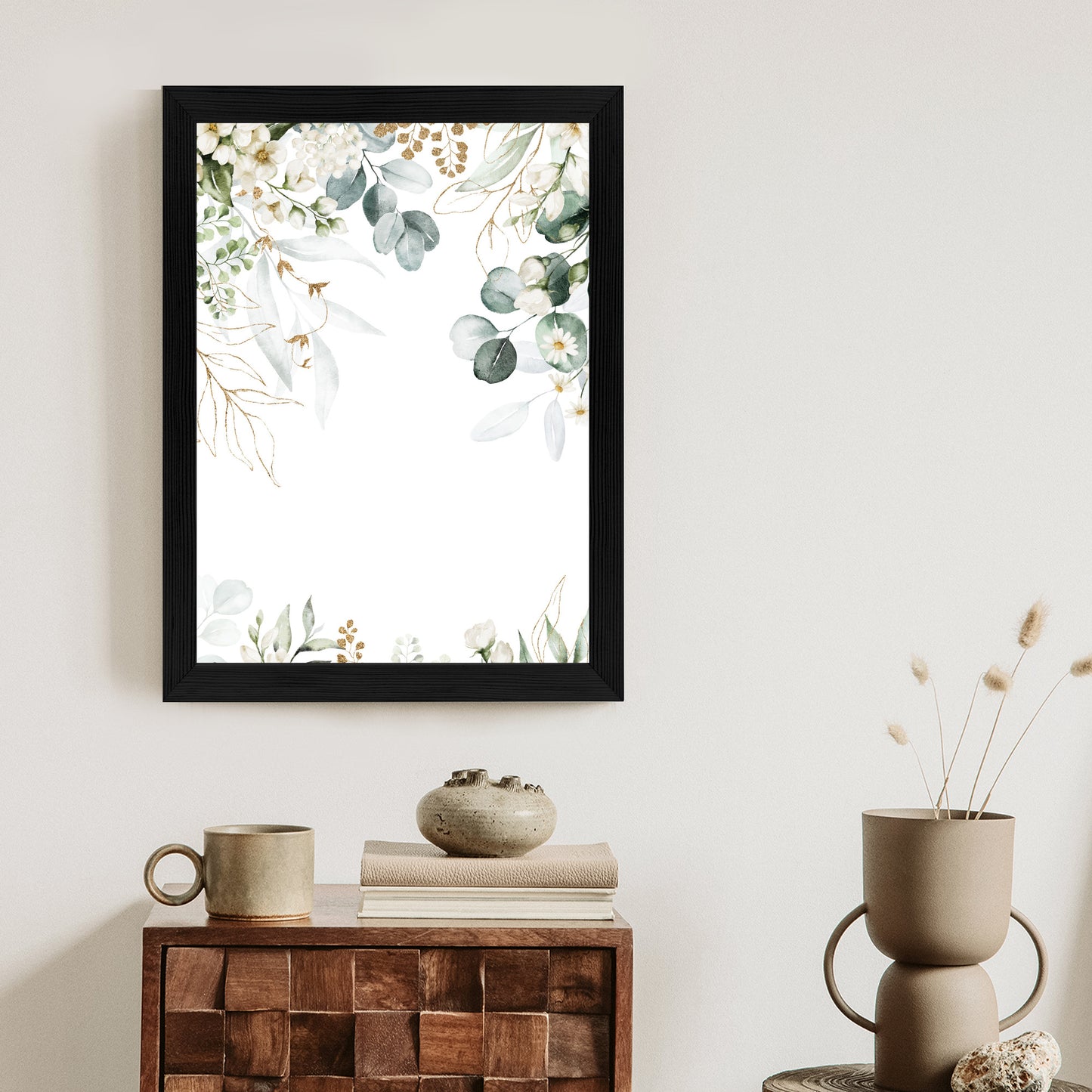 Poster Aquarell Aus Eukalyptusblättern Und Weißen Blüten Rahmen Holz Mit Passepartout Farbe Natürlich
