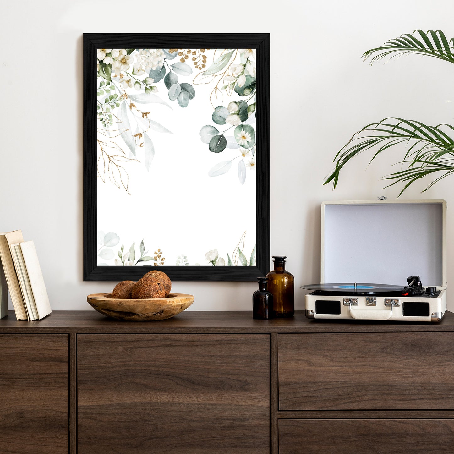 Poster Aquarell Aus Eukalyptusblättern Und Weißen Blüten Rahmen Holz Mit Passepartout Farbe Natürlich