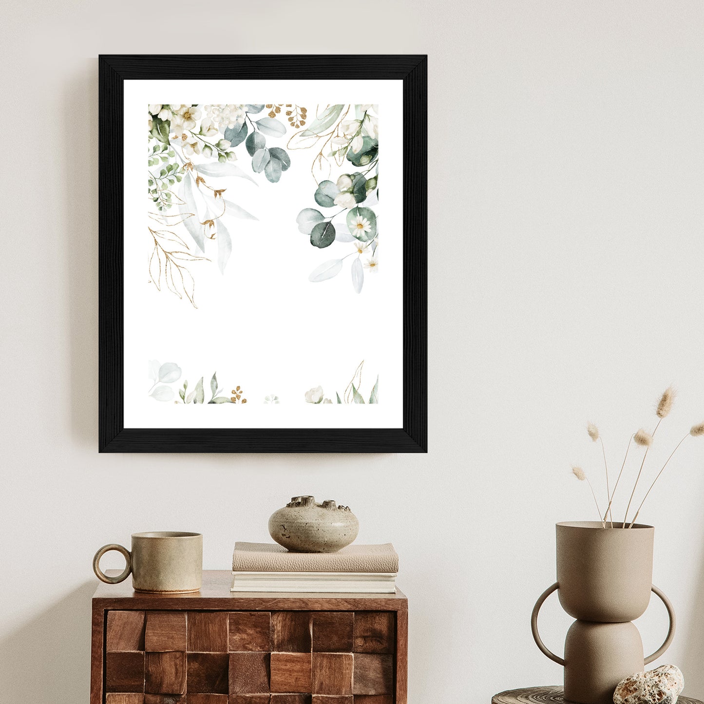 Poster Aquarell Aus Eukalyptusblättern Und Weißen Blüten Rahmen Holz Mit Passepartout Farbe Natürlich