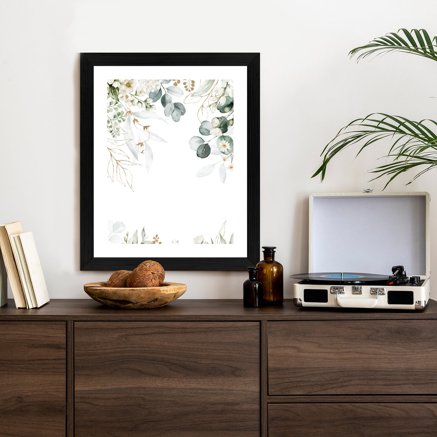 Poster Aquarell Aus Eukalyptusblättern Und Weißen Blüten Rahmen Holz Mit Passepartout Farbe Natürlich
