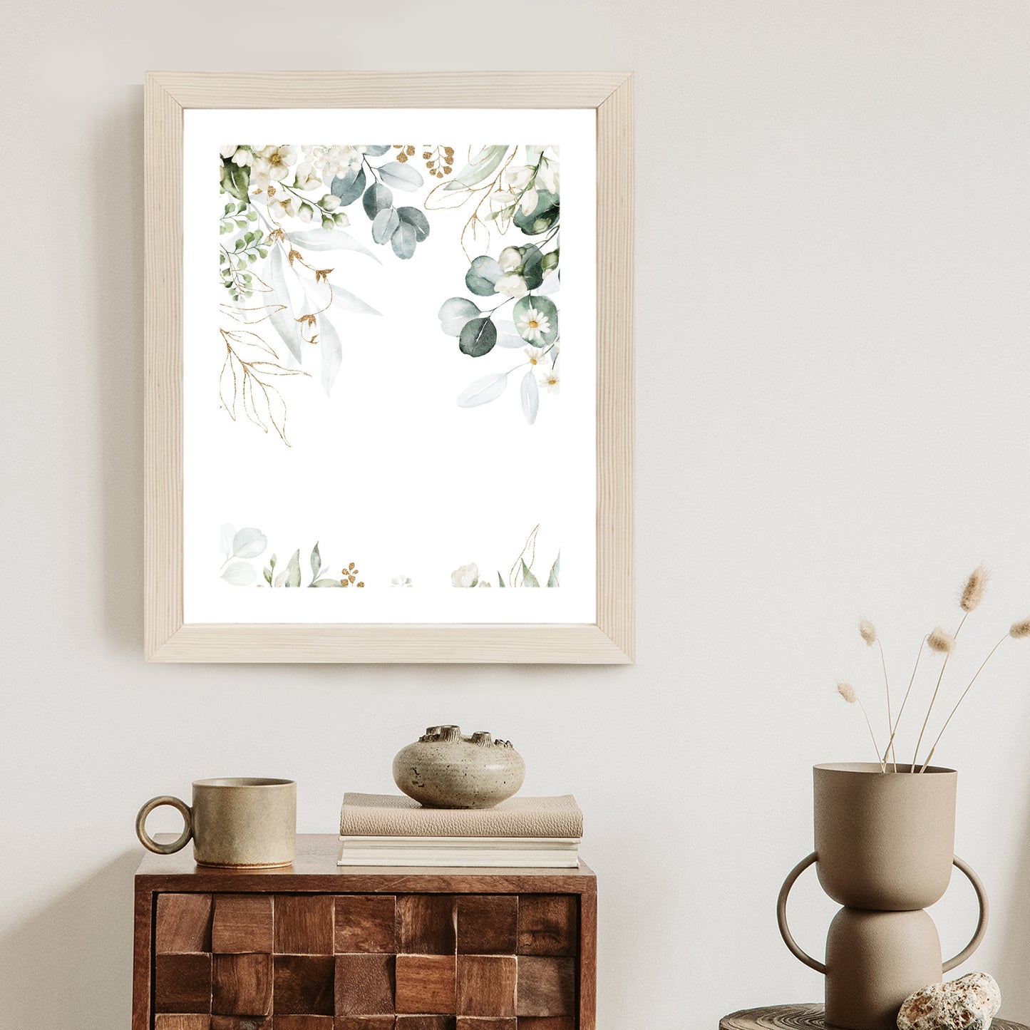 Poster Aquarell Aus Eukalyptusblättern Und Weißen Blüten Rahmen Holz Mit Passepartout Farbe Natürlich