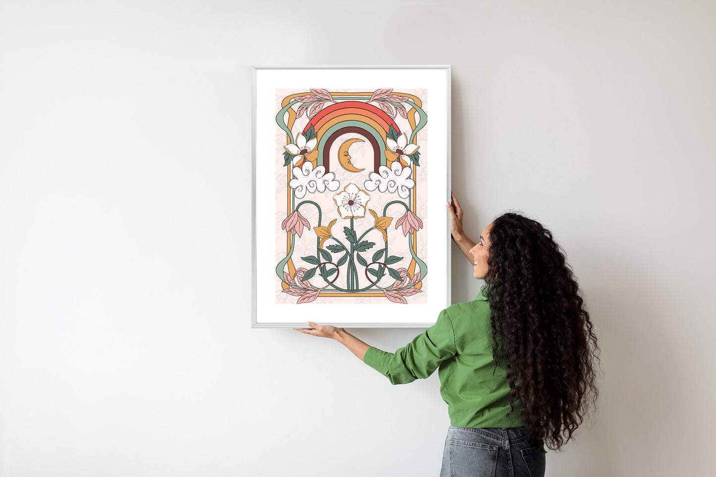 Poster Abstrakte Und Moderne Grafiken Mit Ornamenten Und Pflanzen Rahmen Holz Mit Passepartout Farbe Natürlich