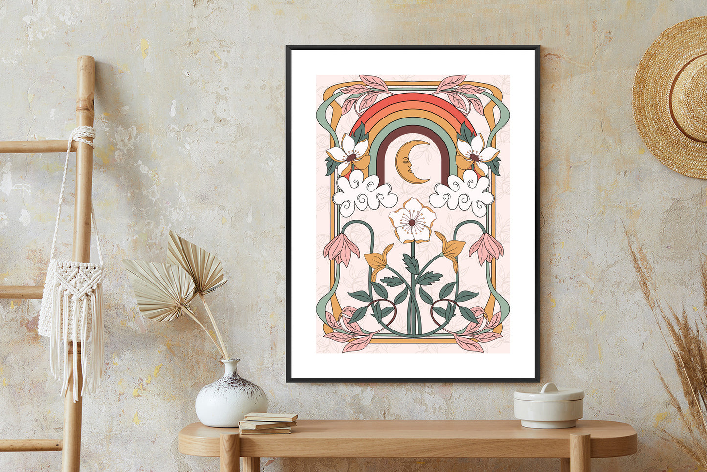 Poster Abstrakte Und Moderne Grafiken Mit Ornamenten Und Pflanzen Rahmen Holz Mit Passepartout Farbe Natürlich