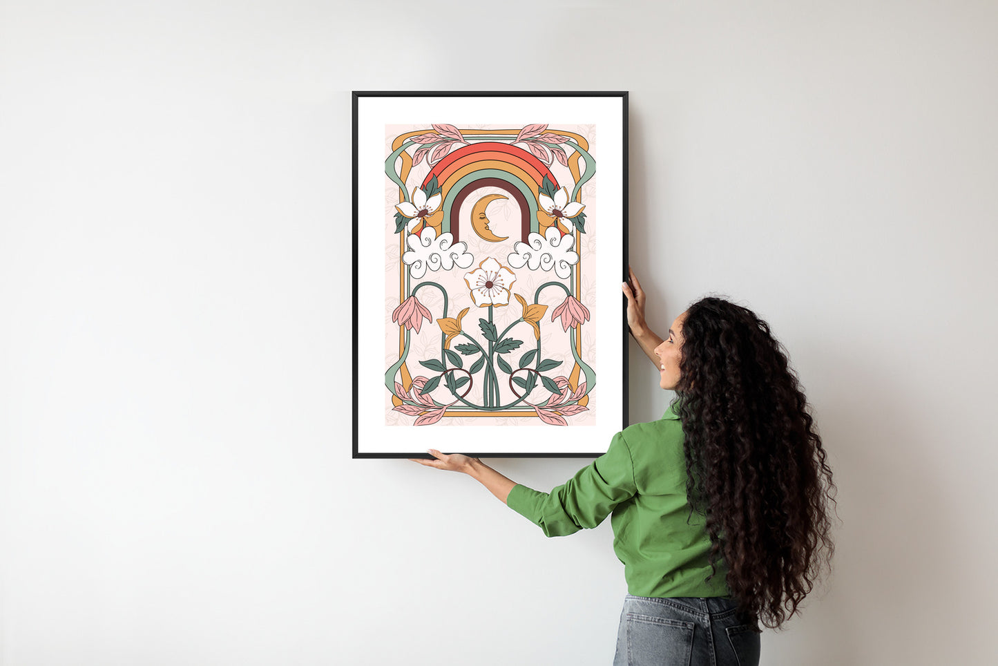 Poster Abstrakte Und Moderne Grafiken Mit Ornamenten Und Pflanzen Rahmen Holz Mit Passepartout Farbe Natürlich