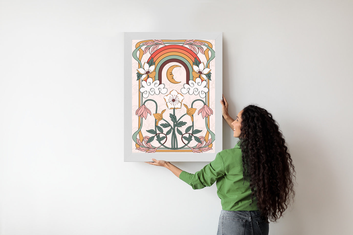 Poster Abstrakte Und Moderne Grafiken Mit Ornamenten Und Pflanzen Rahmen Holz Mit Passepartout Farbe Natürlich