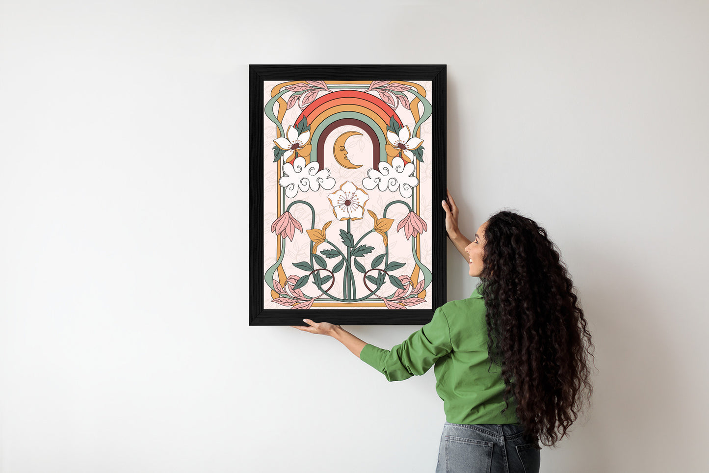 Poster Abstrakte Und Moderne Grafiken Mit Ornamenten Und Pflanzen Rahmen Holz Mit Passepartout Farbe Natürlich