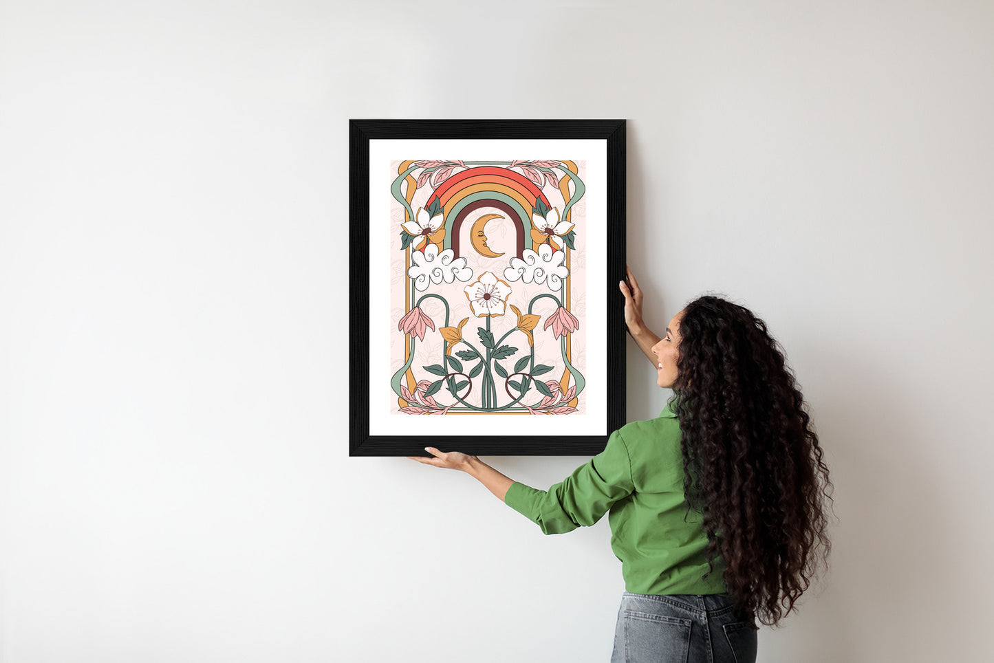 Poster Abstrakte Und Moderne Grafiken Mit Ornamenten Und Pflanzen Rahmen Holz Mit Passepartout Farbe Natürlich