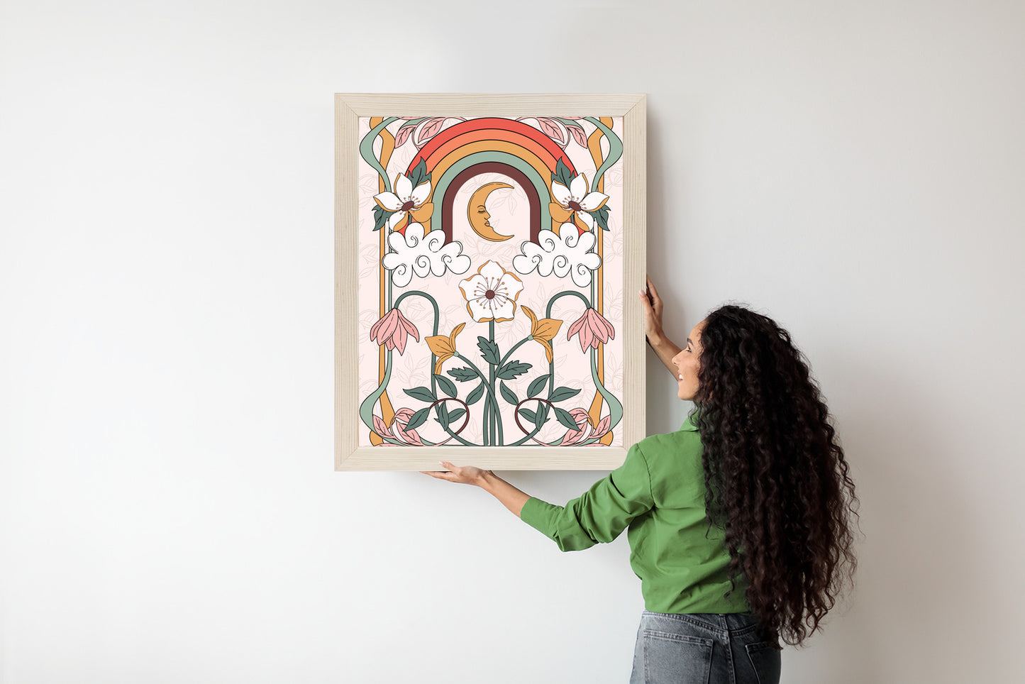 Poster Abstrakte Und Moderne Grafiken Mit Ornamenten Und Pflanzen Rahmen Holz Mit Passepartout Farbe Natürlich