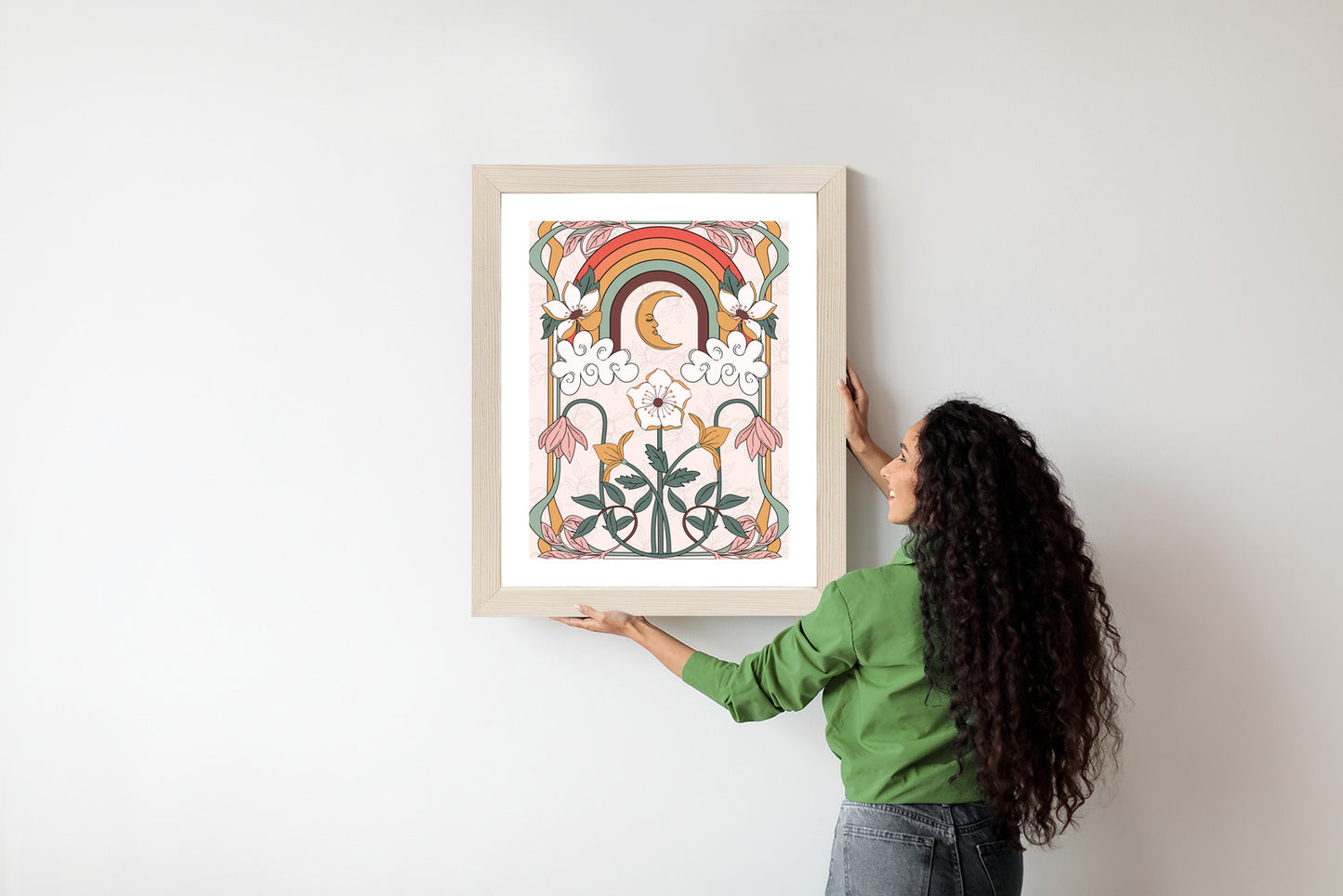 Poster Abstrakte Und Moderne Grafiken Mit Ornamenten Und Pflanzen Rahmen Holz Mit Passepartout Farbe Natürlich