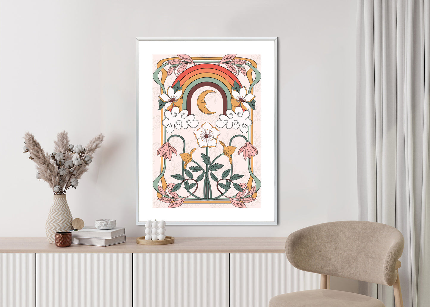 Poster Abstrakte Und Moderne Grafiken Mit Ornamenten Und Pflanzen Rahmen Holz Mit Passepartout Farbe Natürlich