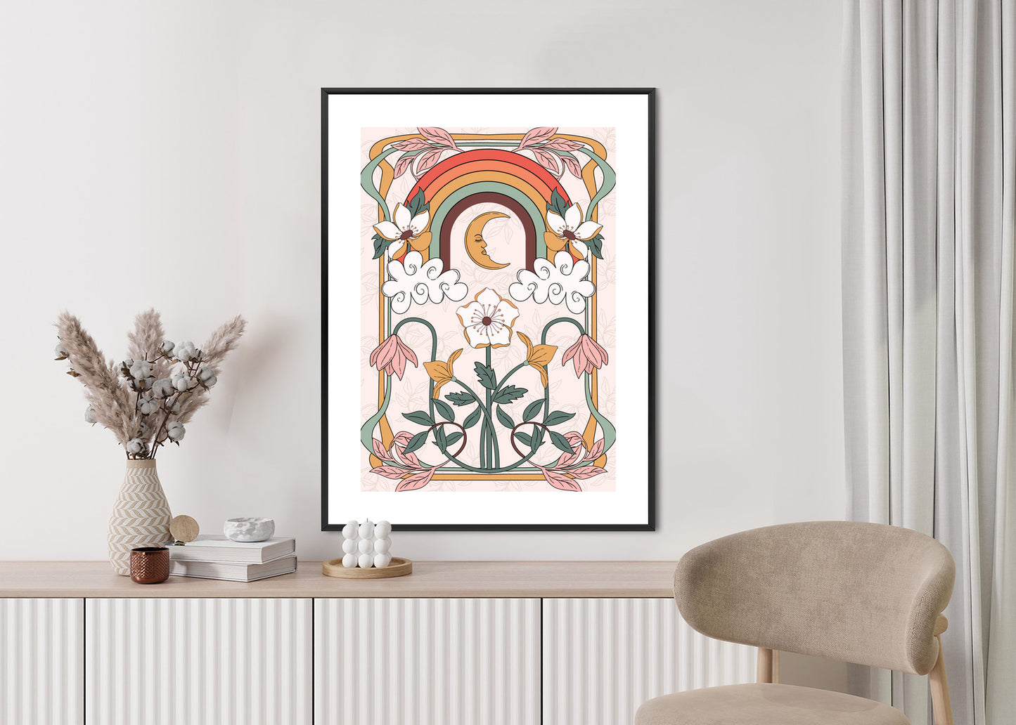 Poster Abstrakte Und Moderne Grafiken Mit Ornamenten Und Pflanzen Rahmen Holz Mit Passepartout Farbe Natürlich
