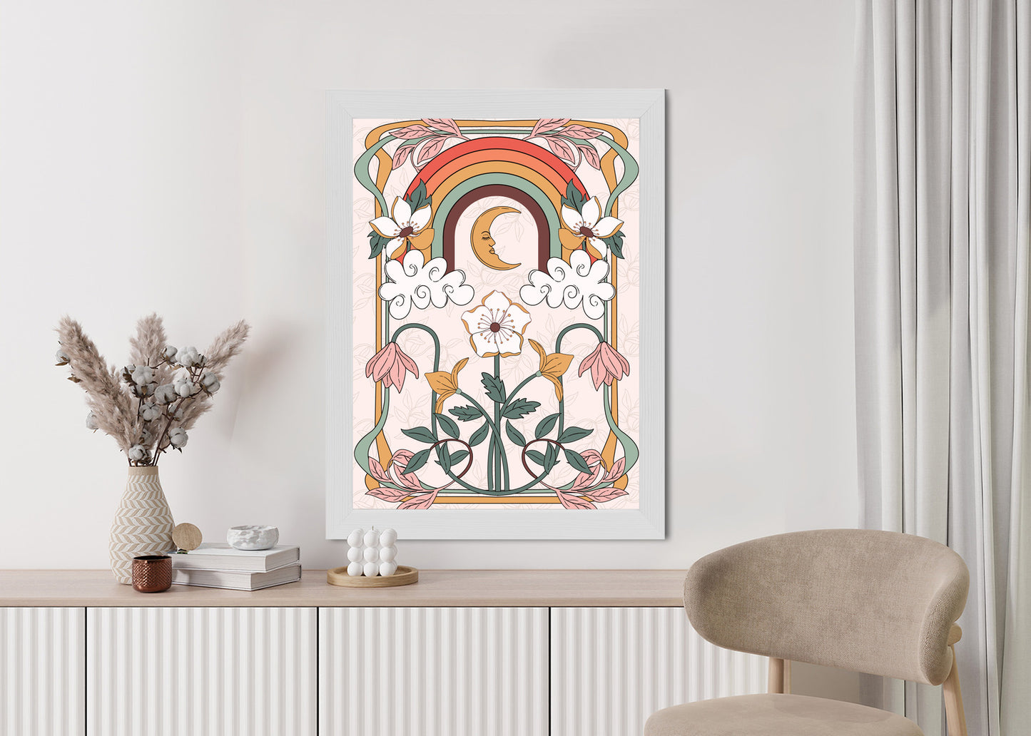 Poster Abstrakte Und Moderne Grafiken Mit Ornamenten Und Pflanzen Rahmen Holz Mit Passepartout Farbe Natürlich