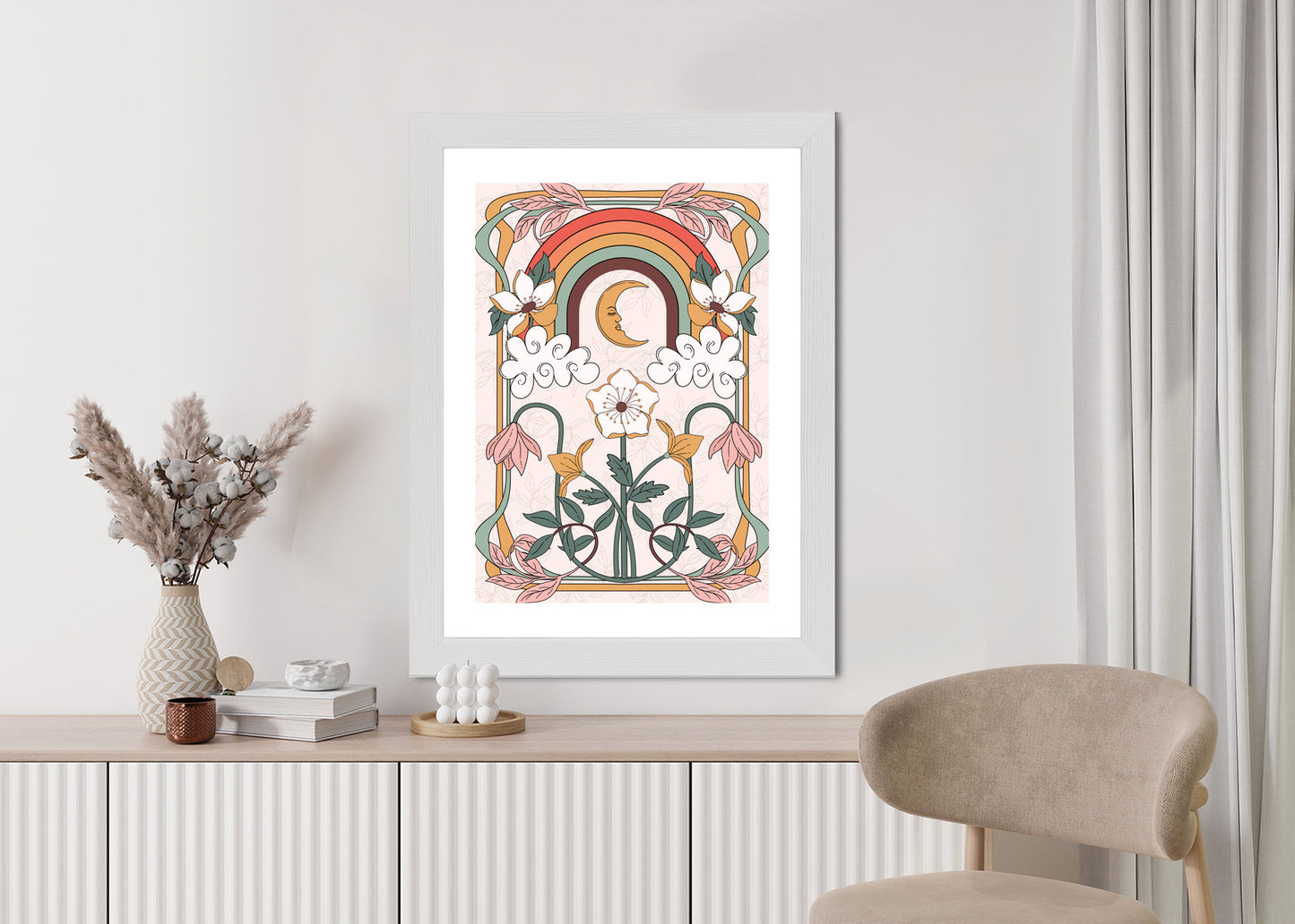 Poster Abstrakte Und Moderne Grafiken Mit Ornamenten Und Pflanzen Rahmen Holz Mit Passepartout Farbe Natürlich