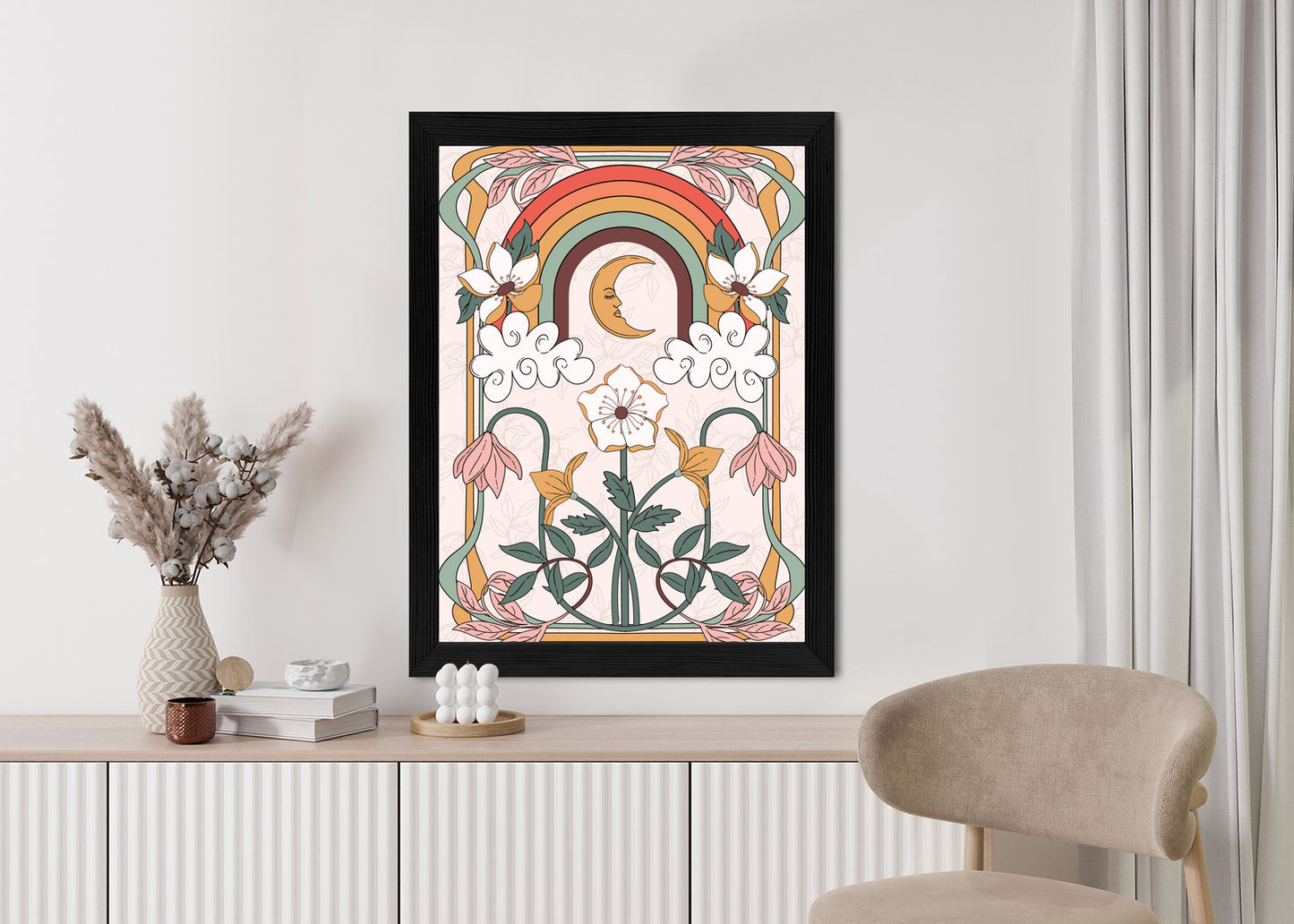 Poster Abstrakte Und Moderne Grafiken Mit Ornamenten Und Pflanzen Rahmen Holz Mit Passepartout Farbe Natürlich