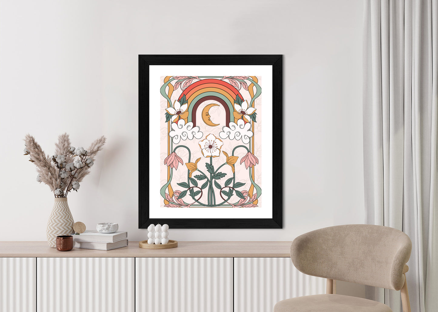 Poster Abstrakte Und Moderne Grafiken Mit Ornamenten Und Pflanzen Rahmen Holz Mit Passepartout Farbe Natürlich