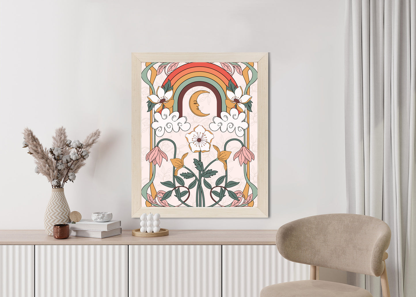 Poster Abstrakte Und Moderne Grafiken Mit Ornamenten Und Pflanzen Rahmen Holz Mit Passepartout Farbe Natürlich