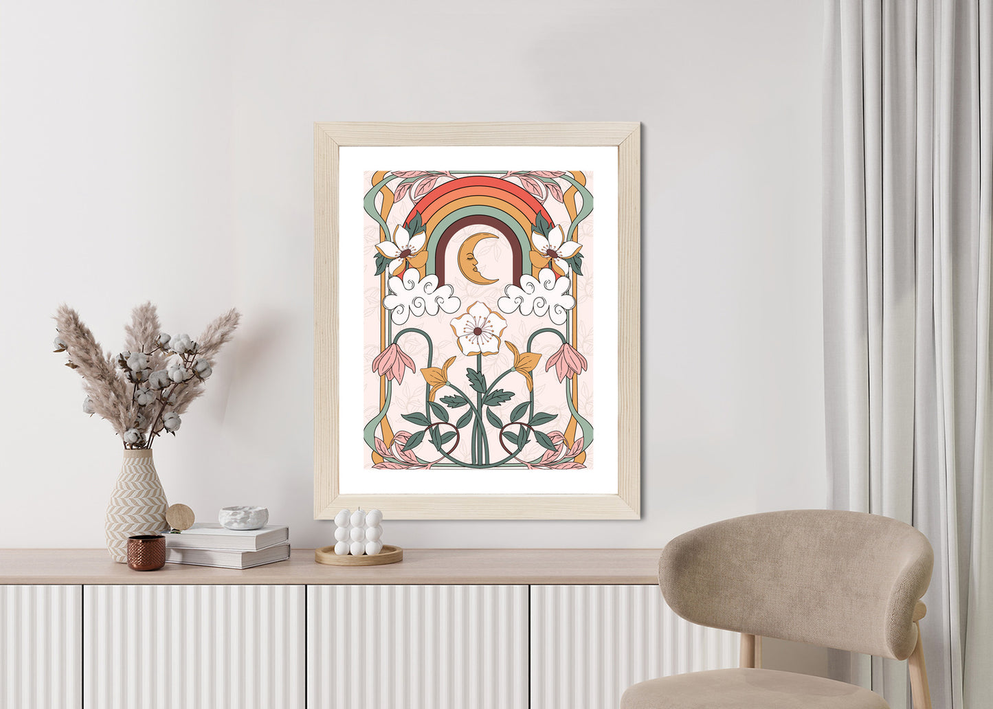 Poster Abstrakte Und Moderne Grafiken Mit Ornamenten Und Pflanzen Rahmen Holz Mit Passepartout Farbe Natürlich