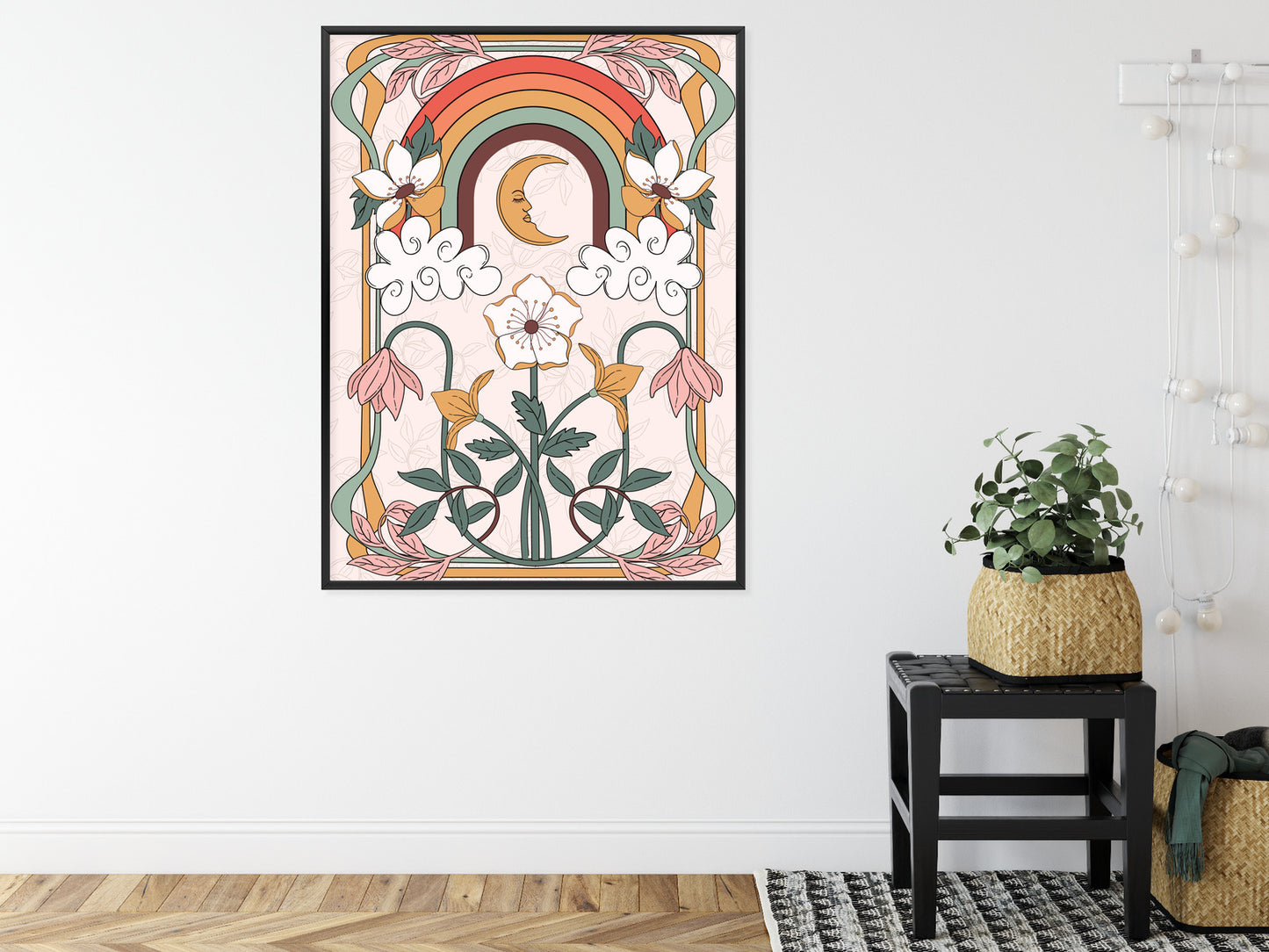 Poster Abstrakte Und Moderne Grafiken Mit Ornamenten Und Pflanzen Rahmen Holz Mit Passepartout Farbe Natürlich