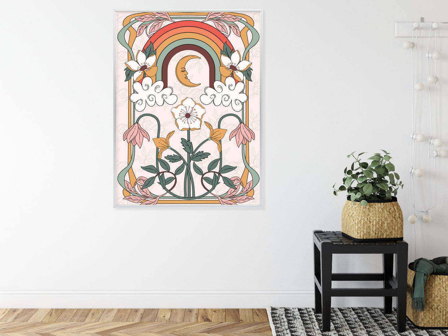 Poster Abstrakte Und Moderne Grafiken Mit Ornamenten Und Pflanzen Rahmen Holz Mit Passepartout Farbe Natürlich