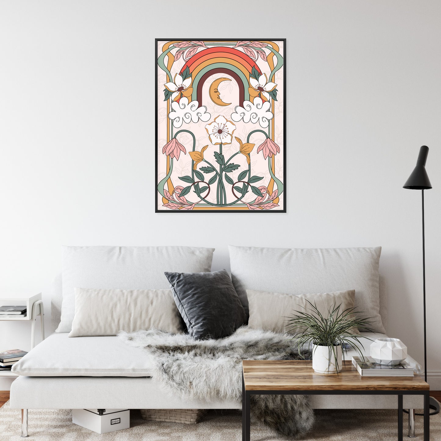 Poster Abstrakte Und Moderne Grafiken Mit Ornamenten Und Pflanzen Rahmen Holz Mit Passepartout Farbe Natürlich