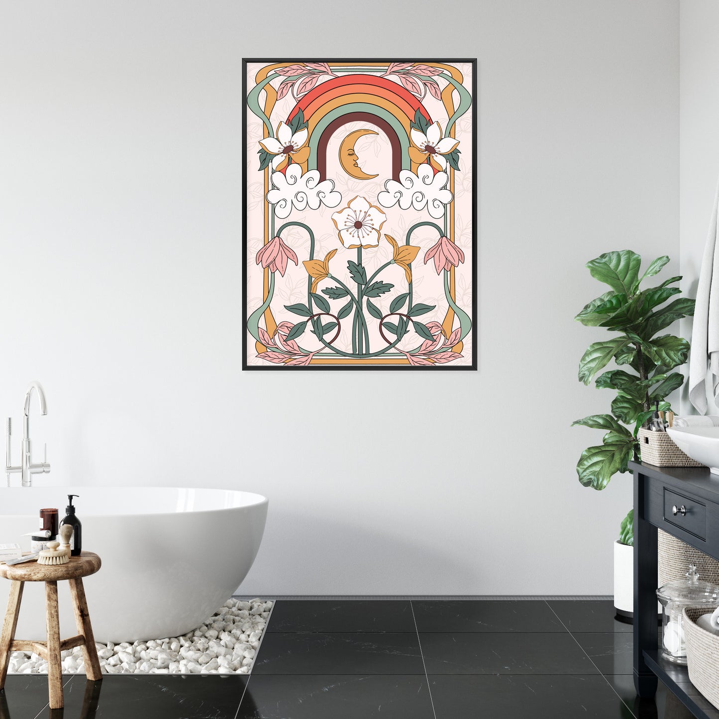 Poster Abstrakte Und Moderne Grafiken Mit Ornamenten Und Pflanzen Rahmen Holz Mit Passepartout Farbe Natürlich
