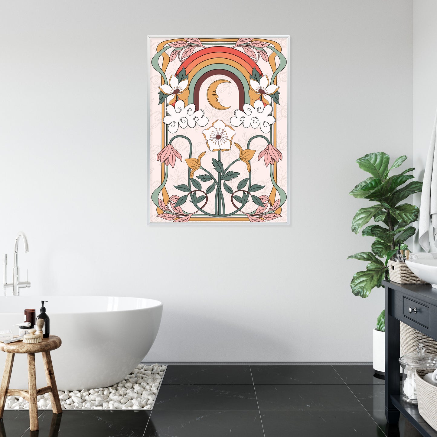 Poster Abstrakte Und Moderne Grafiken Mit Ornamenten Und Pflanzen Rahmen Holz Mit Passepartout Farbe Natürlich