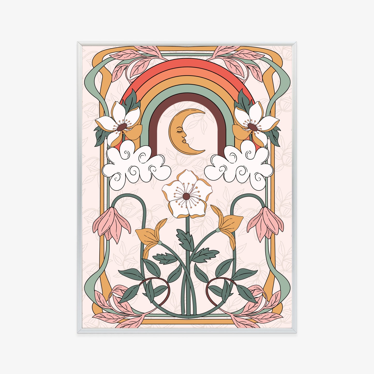 Poster Abstrakte Und Moderne Grafiken Mit Ornamenten Und Pflanzen Rahmen Holz Mit Passepartout Farbe Natürlich