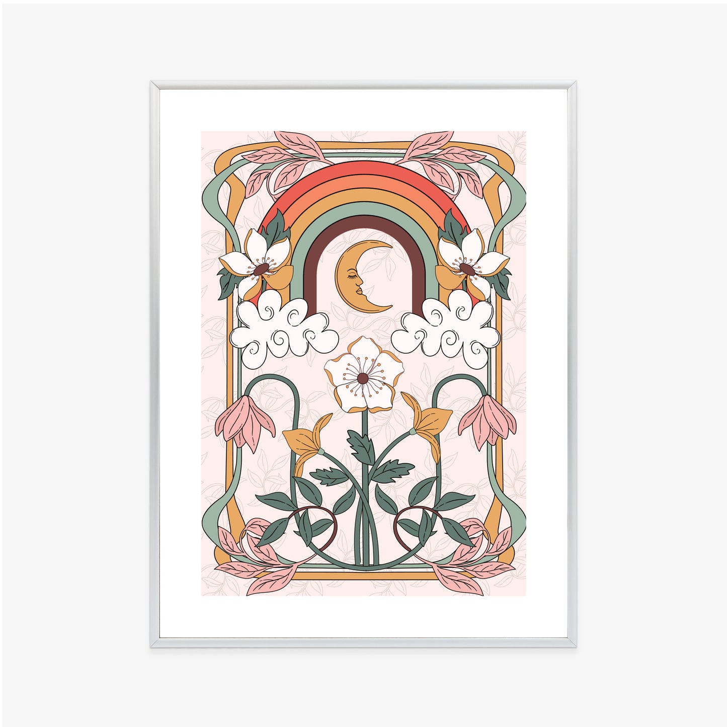 Poster Abstrakte Und Moderne Grafiken Mit Ornamenten Und Pflanzen Rahmen Holz Mit Passepartout Farbe Natürlich
