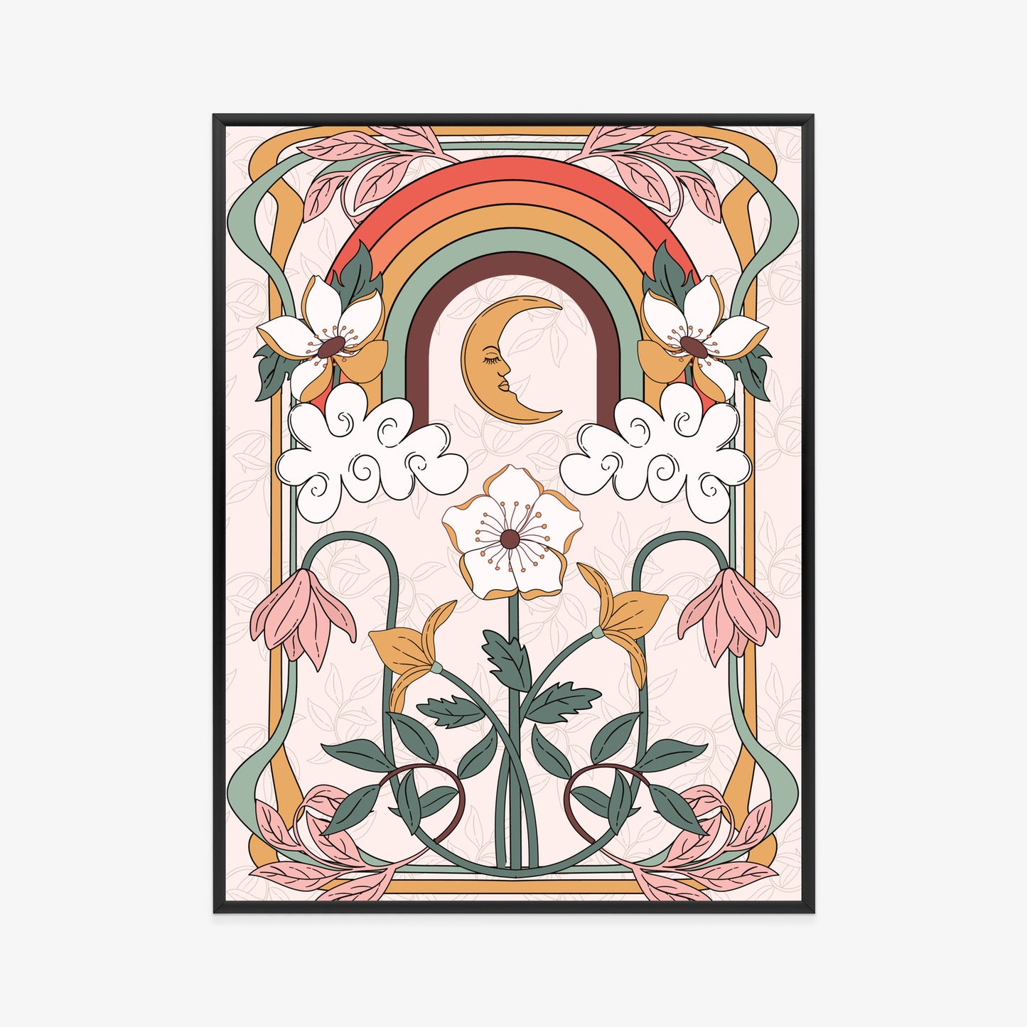 Poster Abstrakte Und Moderne Grafiken Mit Ornamenten Und Pflanzen Rahmen Holz Mit Passepartout Farbe Natürlich