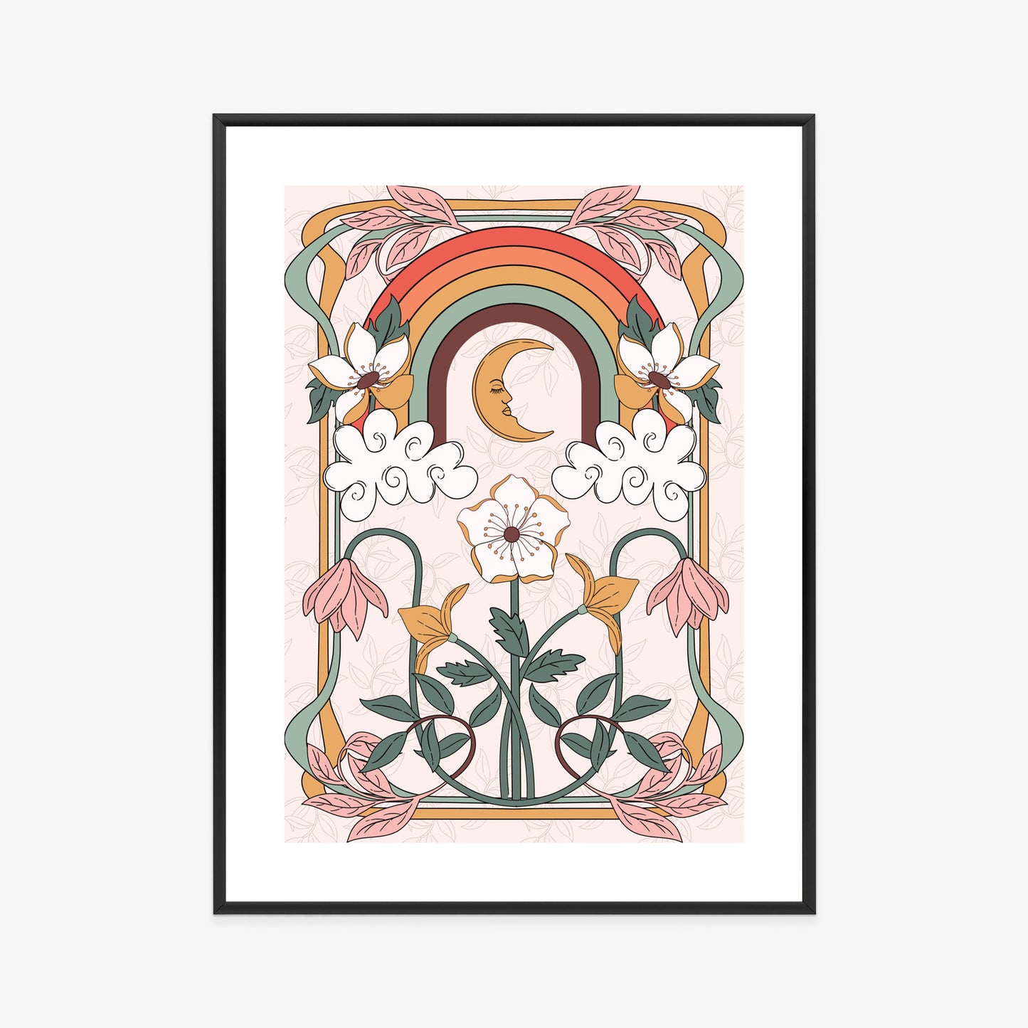 Poster Abstrakte Und Moderne Grafiken Mit Ornamenten Und Pflanzen Rahmen Holz Mit Passepartout Farbe Natürlich