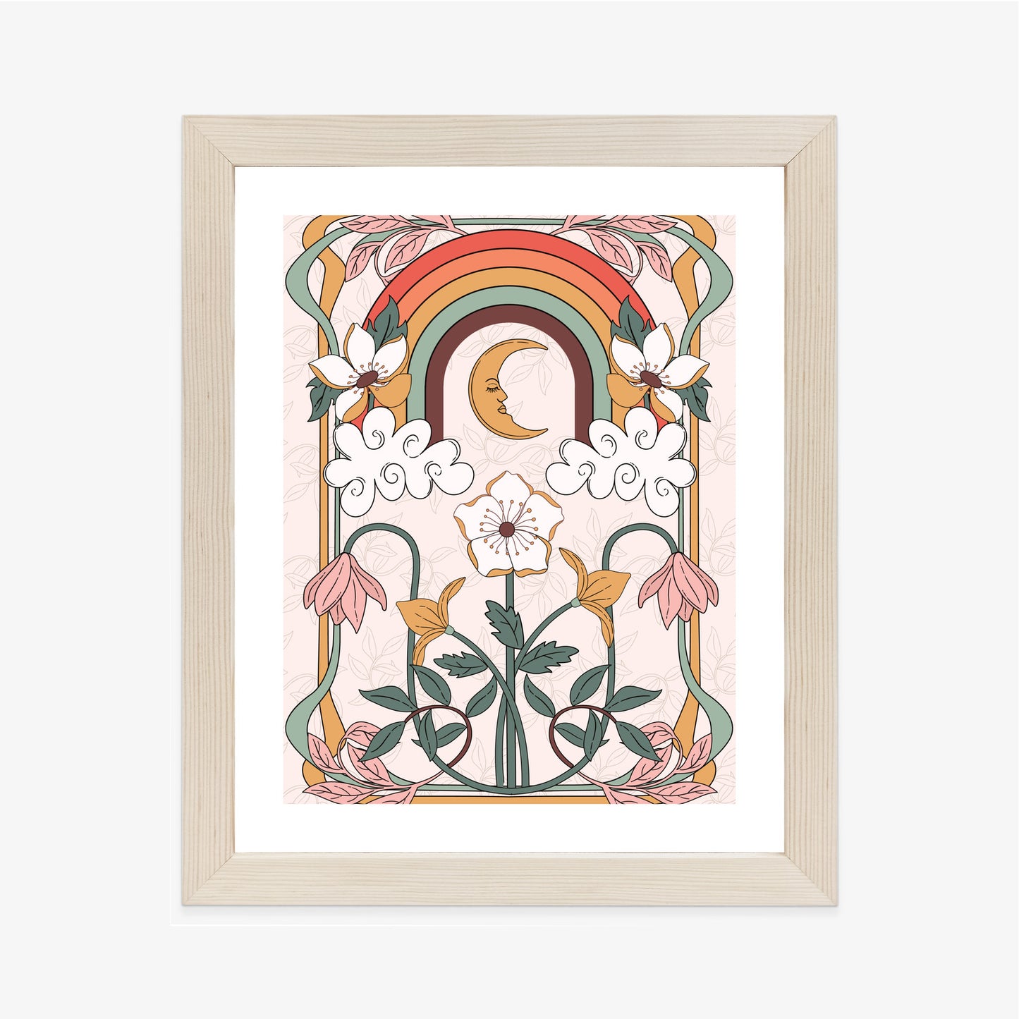 Poster Abstrakte Und Moderne Grafiken Mit Ornamenten Und Pflanzen Rahmen Holz Mit Passepartout Farbe Natürlich
