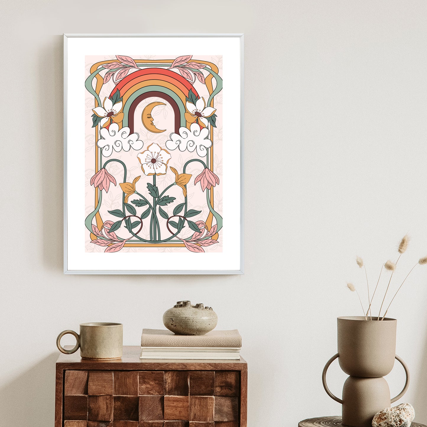 Poster Abstrakte Und Moderne Grafiken Mit Ornamenten Und Pflanzen Rahmen Holz Mit Passepartout Farbe Natürlich